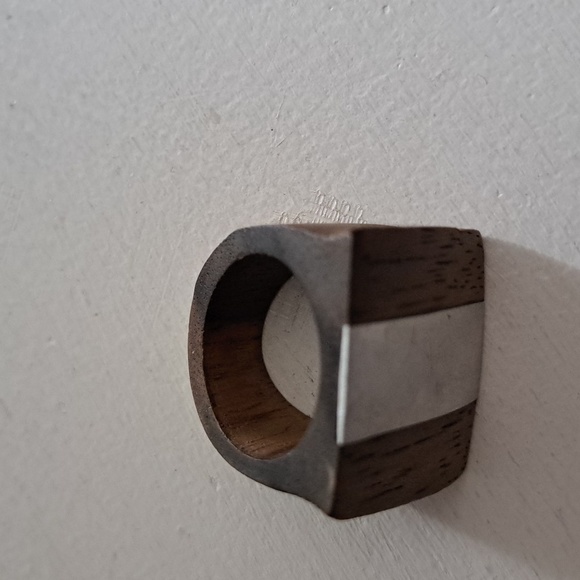VTG WOOD metal artsy organic feel minimalist flat square top ring woodsy rustic - Picture 4 of 4